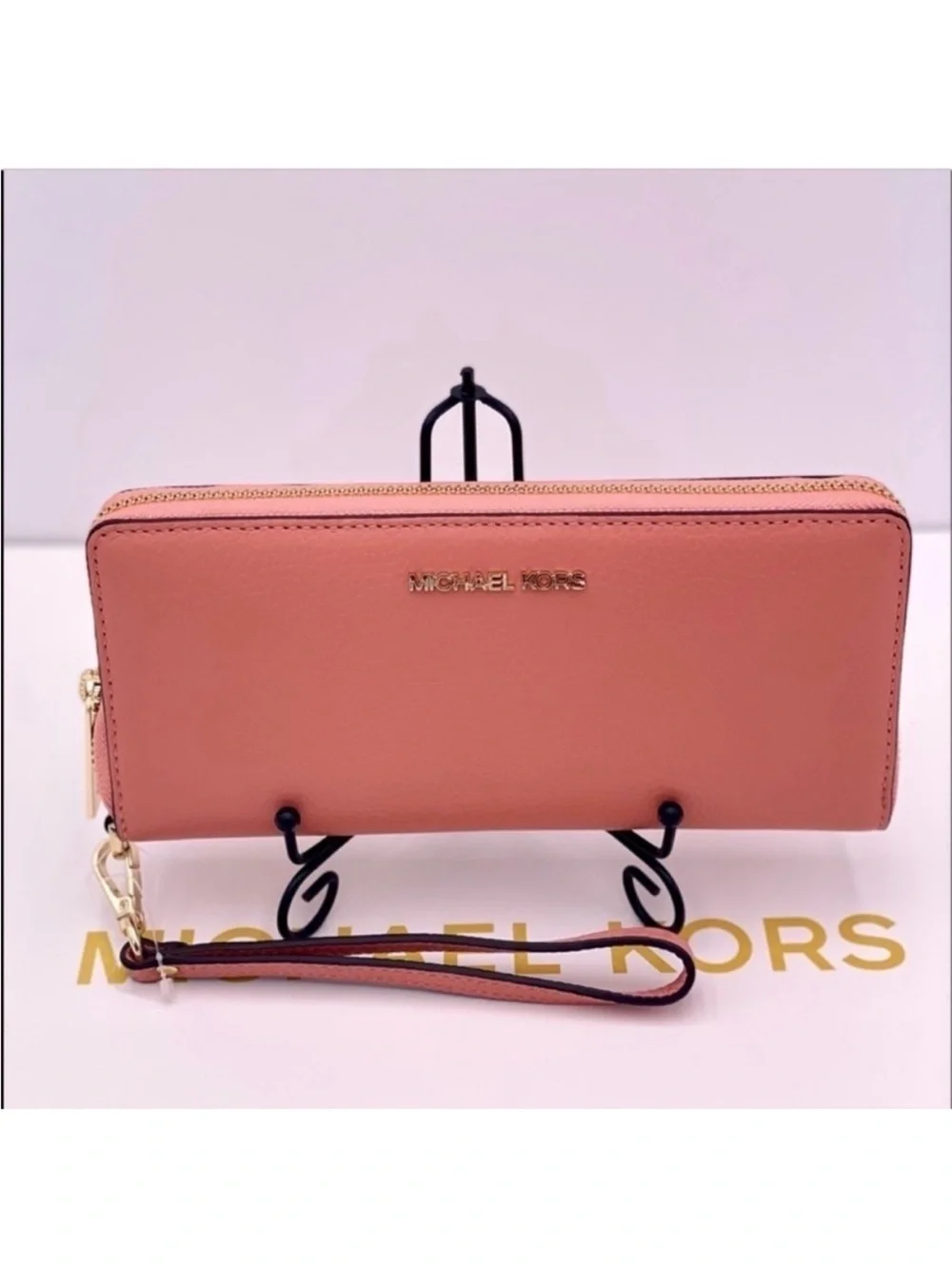 Michael Kors Salmon Pink Leather Zip Wallet Wristlet with Gold Hardware Sherbet